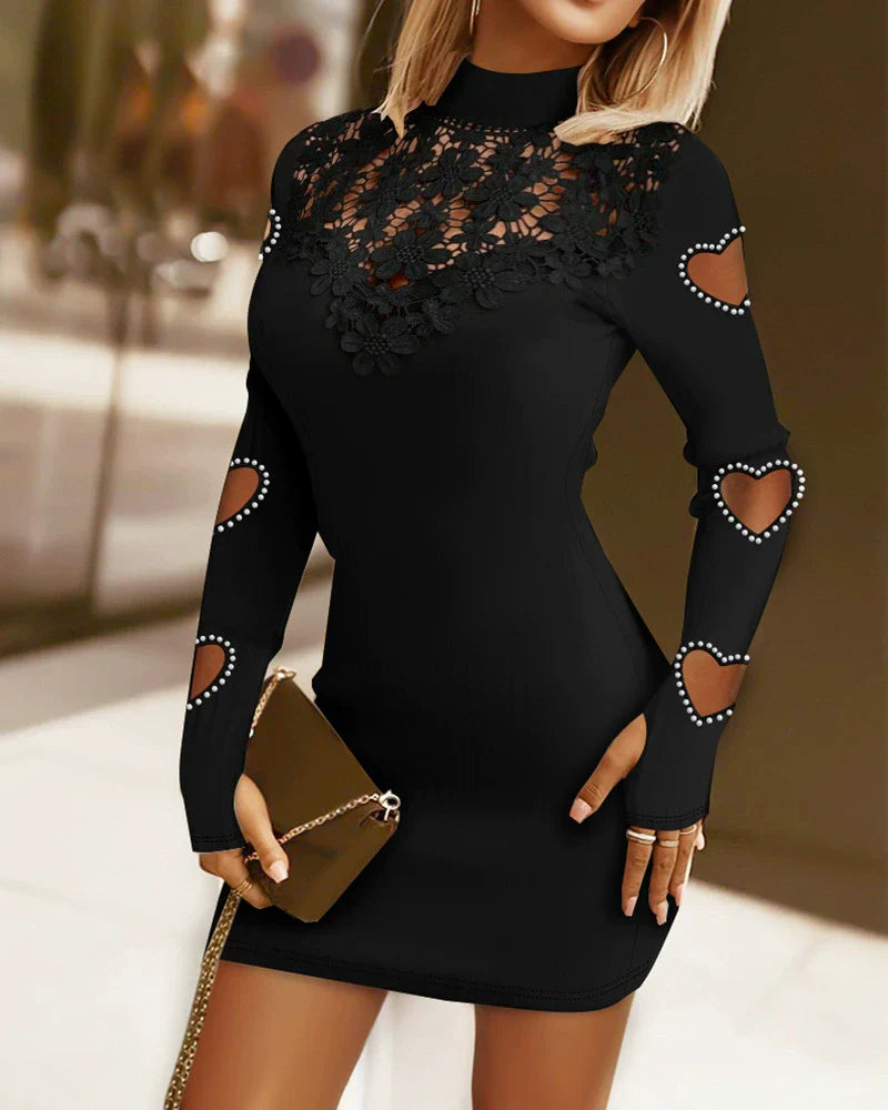 Women’s Sweater Dress – Slim Fit Ribbed Knit – High Neck – Lace Chest – Heart Cut-Out Sleeves