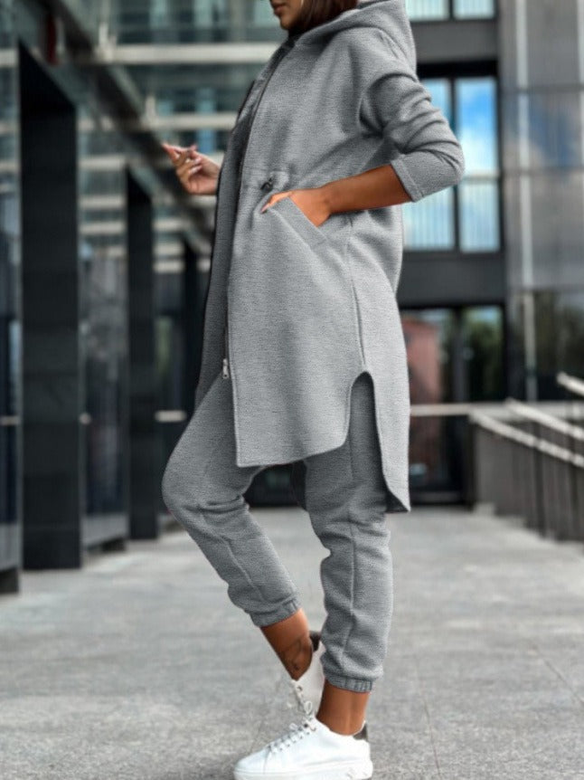 Women’s Tracksuit Set – Relaxed Fit – Longline Zip Hoodie – Cotton Blend Joggers