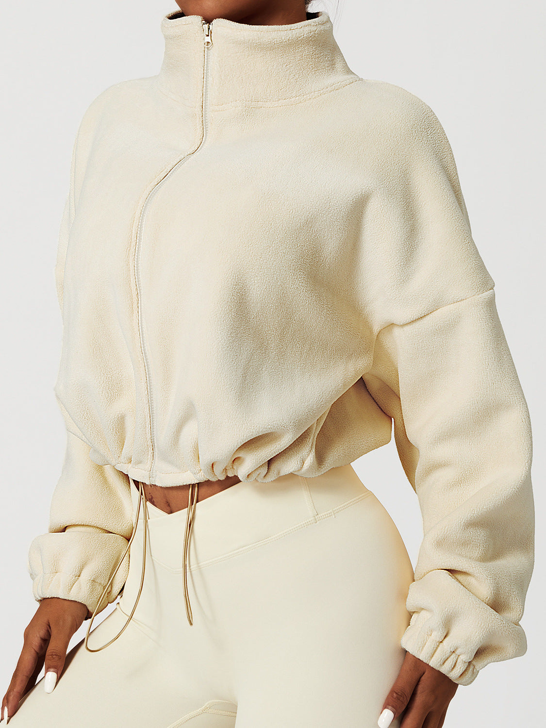 Women’s Cropped Jacket – Fleece – Loose Fit – Zip Front – Stand Collar – Drawstring Hem