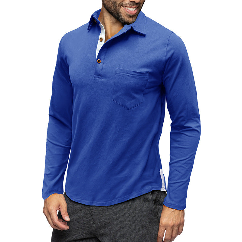 Men’s Polo Shirt – Cotton – Slim Fit – Long Sleeve – Chest Pocket – Button Placket