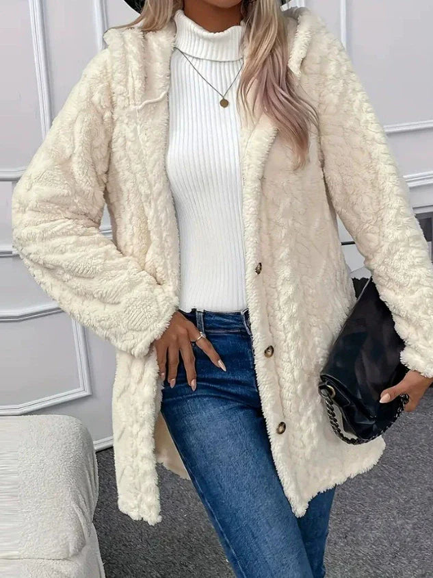 Women’s Long Jacket – Textured Fleece – Oversized Fit – Hooded Button Front