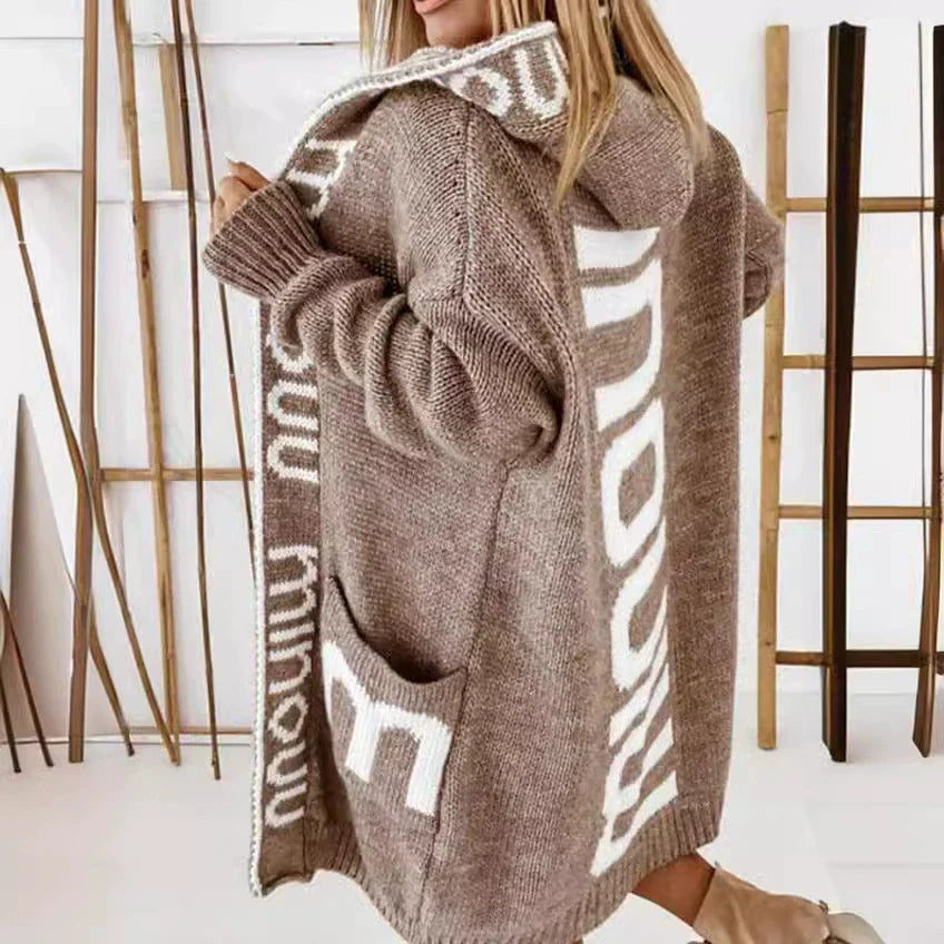 Women’s Knitted Cardigan – Oversized Fit – Hooded – Jacquard Back Detail – Longline