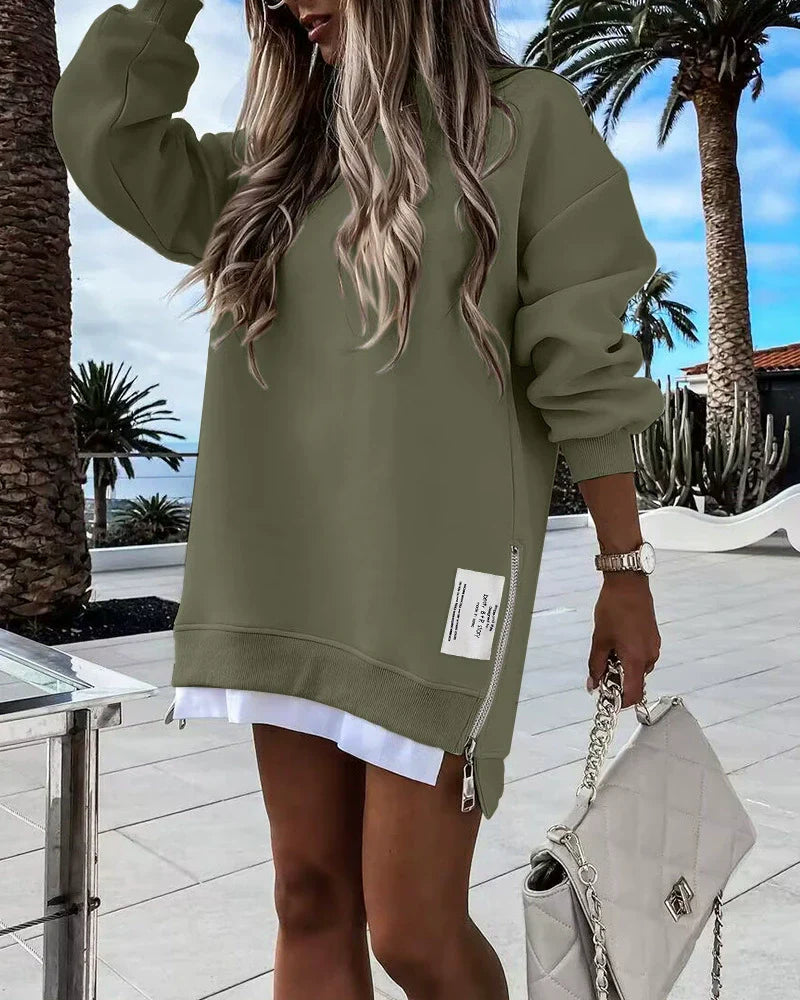 Women’s Sweatshirt Dress – Oversized Fit – Cotton Blend – Zipper Detail – Mini Length