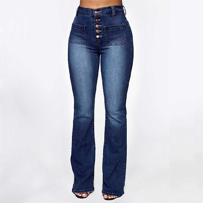 Women’s Flared Jeans – High Waist – Button Front – Patch Pockets – Full Length Denim