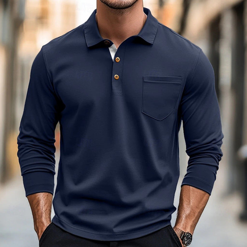 Men’s Polo Shirt – Cotton – Slim Fit – Long Sleeve – Chest Pocket – Button Placket