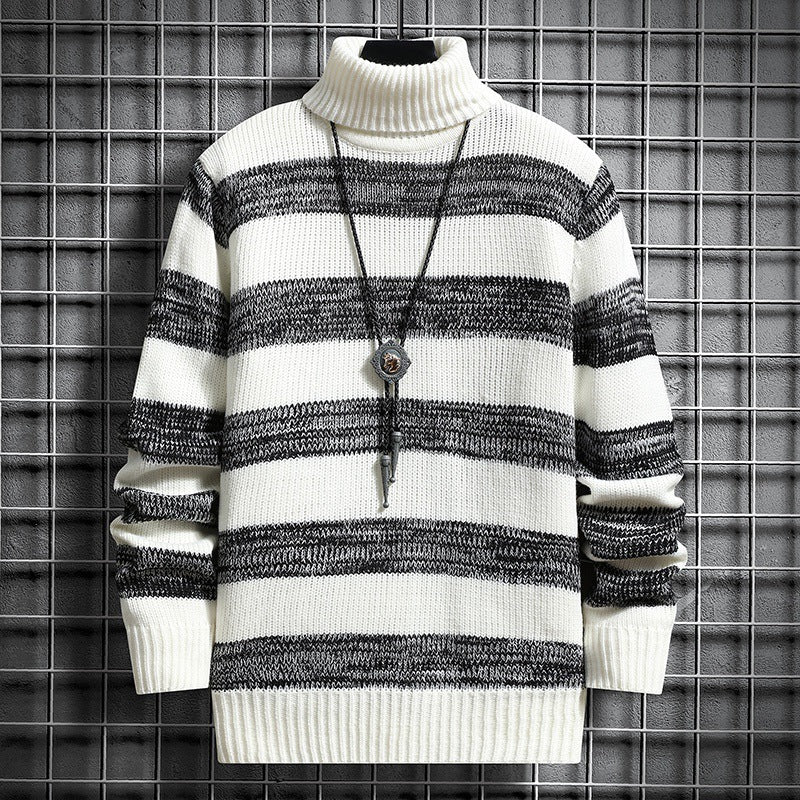 Men’s Turtleneck Sweater – Slim Fit – Wool Knit – Ribbed Cuffs – Striped Design