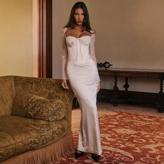 Regina | Women's Evening Long Dress - Bodycon - Lace Sleeves - Sweetheart Neckline
