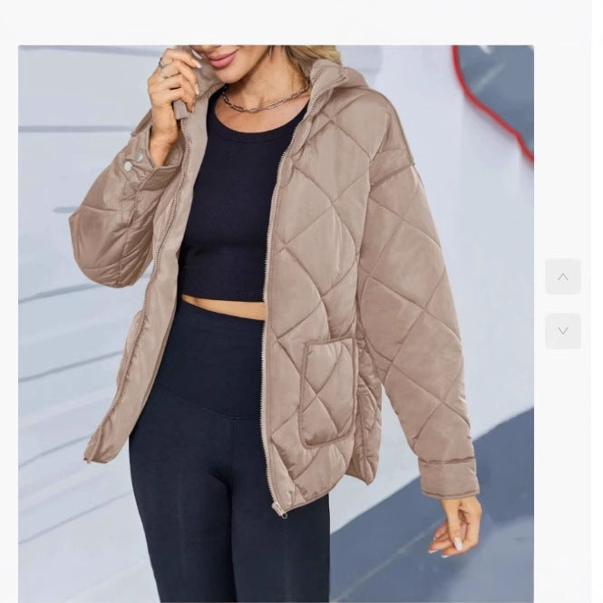 Women’s Quilted Jacket – Oversized Fit – Diamond Stitching – Stand Collar – Zip Front