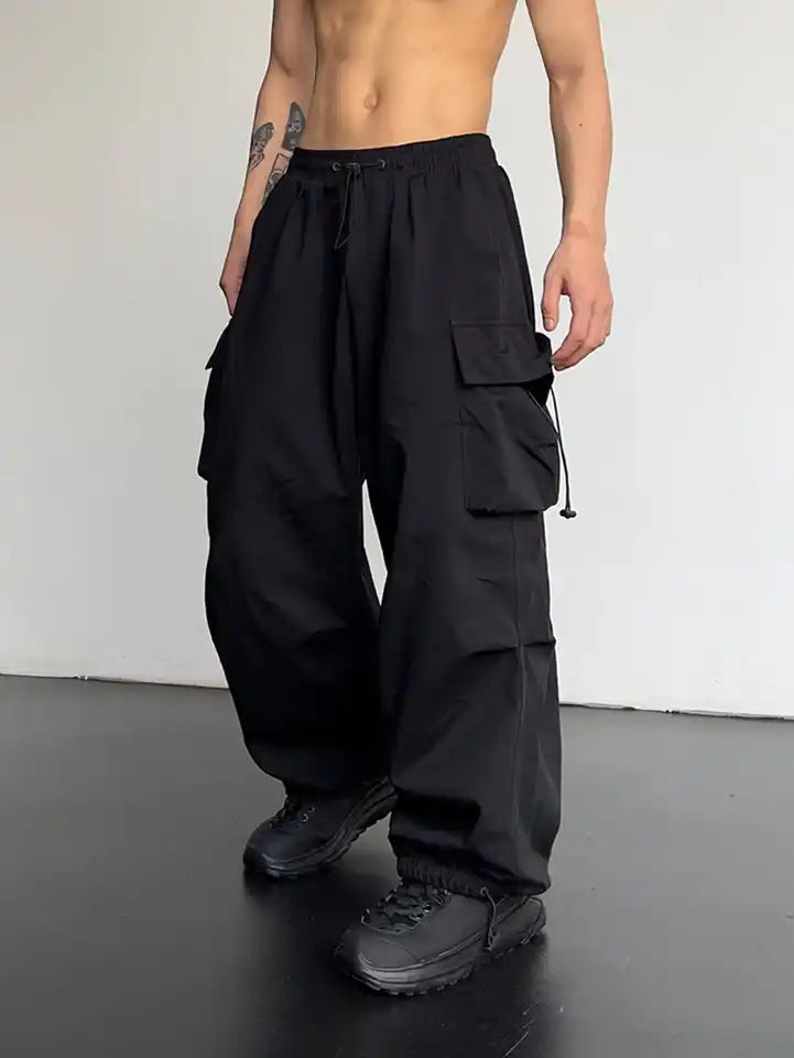 Men’s Cargo Pants – Relaxed Fit – Wide Leg – Cotton Woven – Elastic Hem – Drawstring Waist