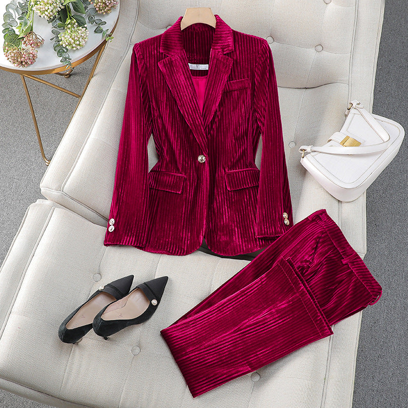 Women’s Blazer Suit Set – Tailored Fit – Textured Velvet – Classic Lapels – Smart Suit Style