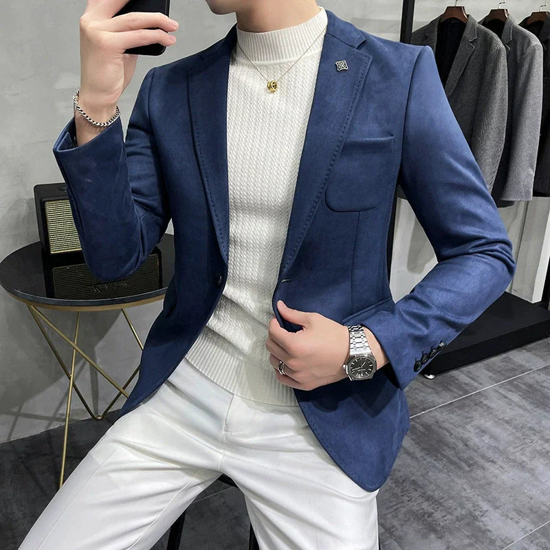 Men’s Blazer – Slim Fit – Suede Feel – Single-Breasted – Notch Lapel – Formal Style