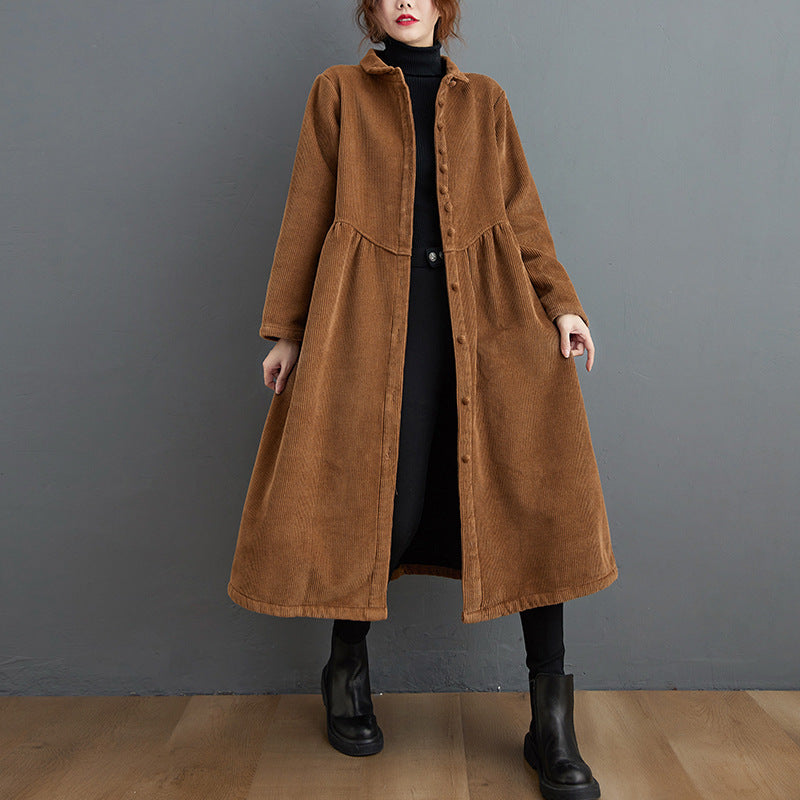 Women’s Long Coat – Corduroy – A-Line Loose Fit – Button Front – Midi Length