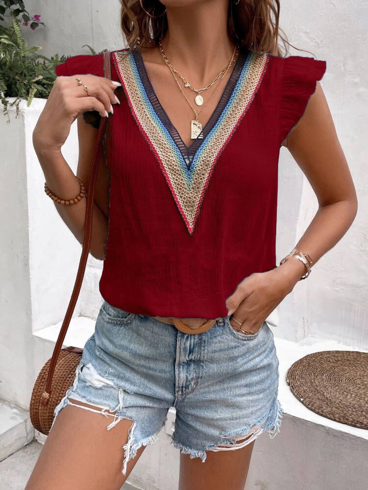 Dalia® | Women'S Blouse With Colorful V-Neck And Ruffle Details