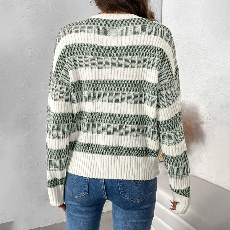 Women’s Sweater – Ribbed Knit – Relaxed Fit – Round Neck – Double Stripe Detail