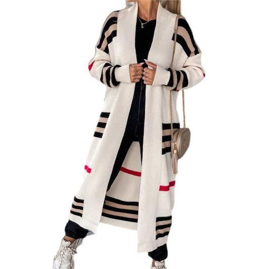 Women’s Long Cardigan – Wool Knit – Oversized Fit – Striped – Open Front Layering