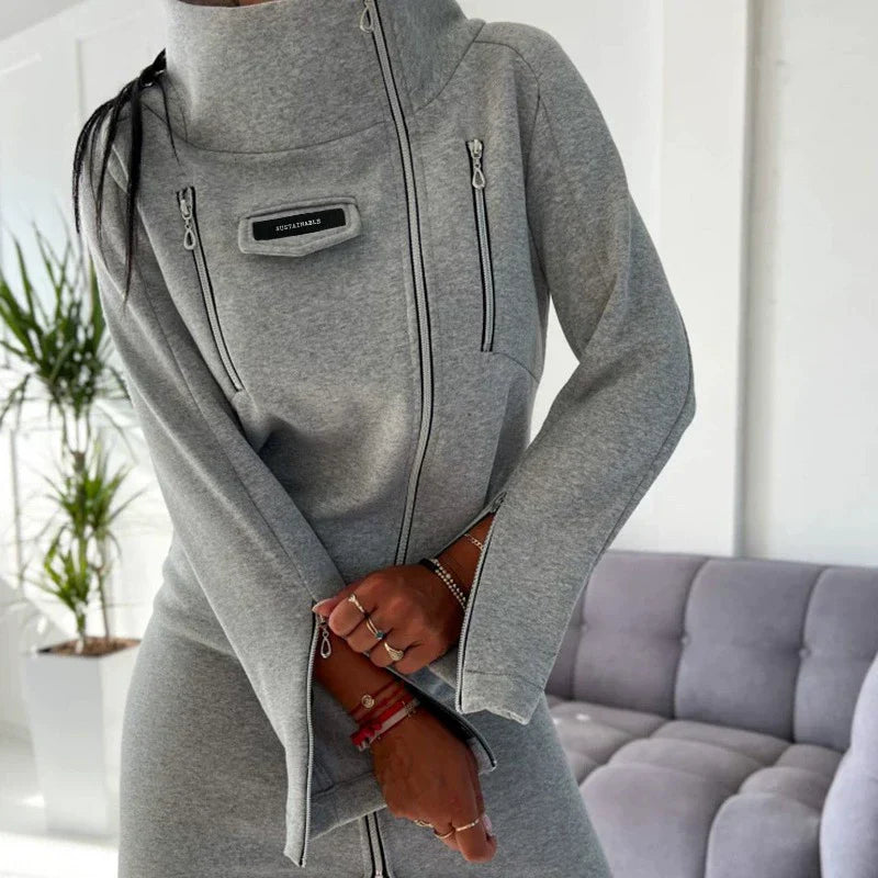 Women’s Knit Dress – Slim Fit – High Collar – Front Zip – Above Knee Length