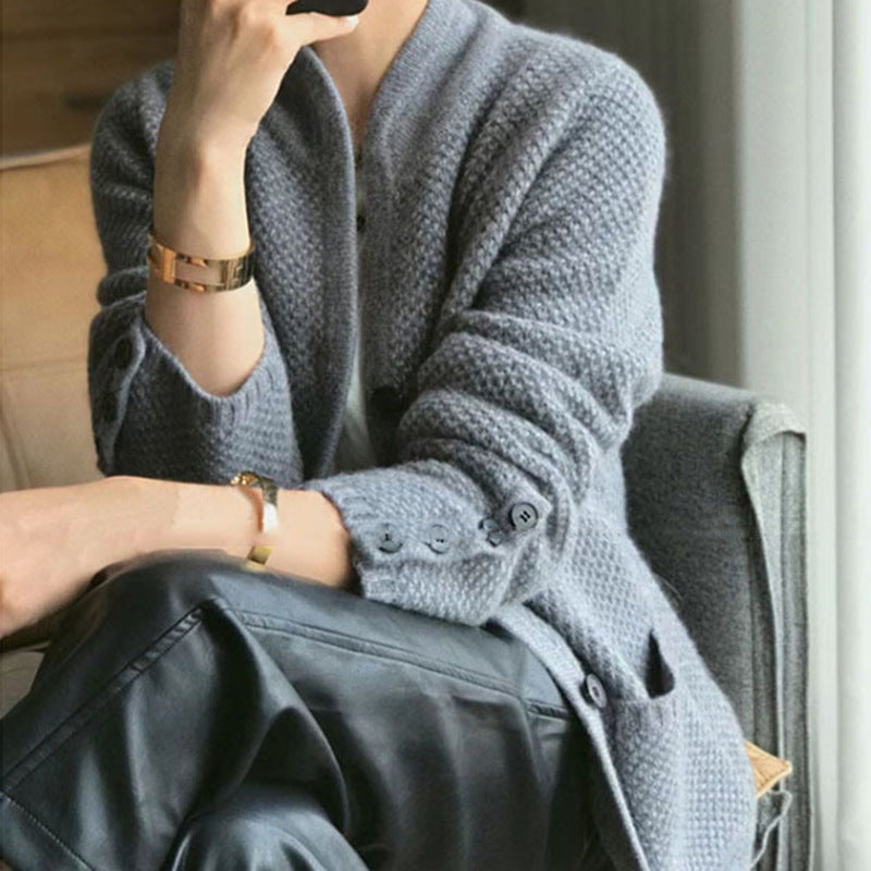Women’s Cardigan – Relaxed Fit – Wool Knit – Waffle Texture – Button Front – Hip Length