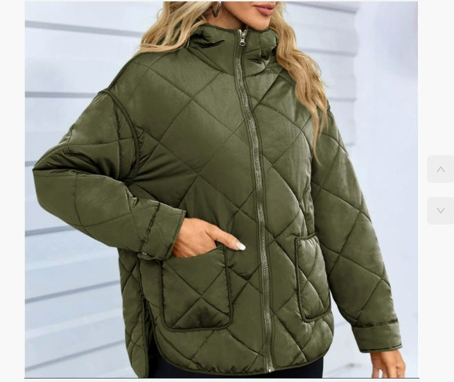 Women’s Quilted Jacket – Oversized Fit – Diamond Stitching – Stand Collar – Zip Front