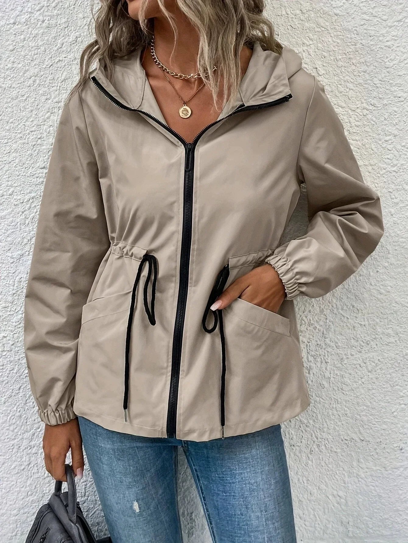Women’s Outdoor Jacket – Waterproof Shell – Hooded – Adjustable Waist