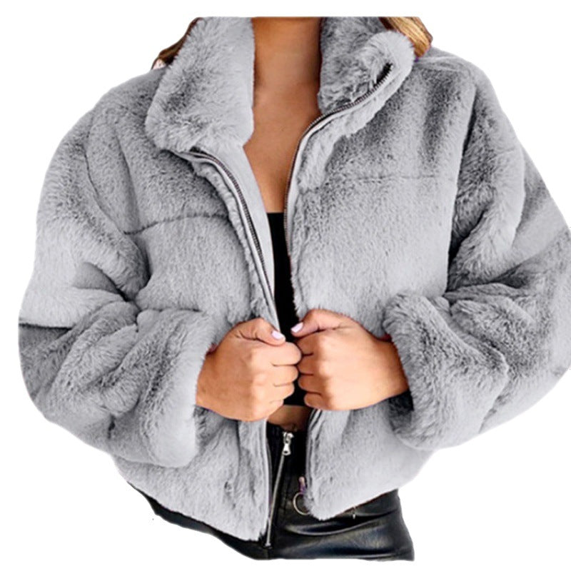 Women’s  Faux Fur Coat – Oversized Fit – Mid-Length – Zipper – High Collar