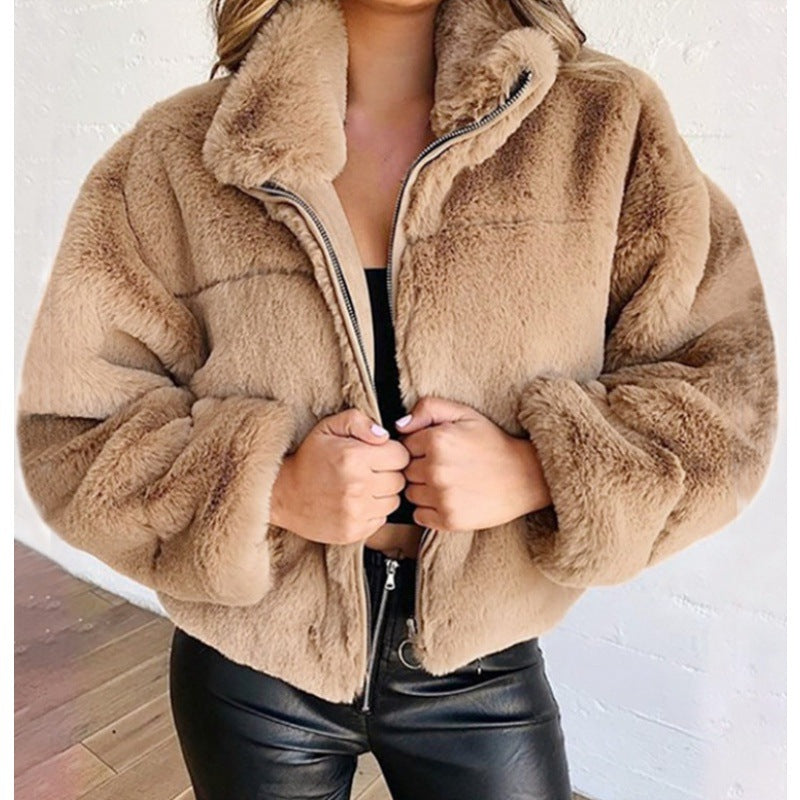 Women’s  Faux Fur Coat – Oversized Fit – Mid-Length – Zipper – High Collar