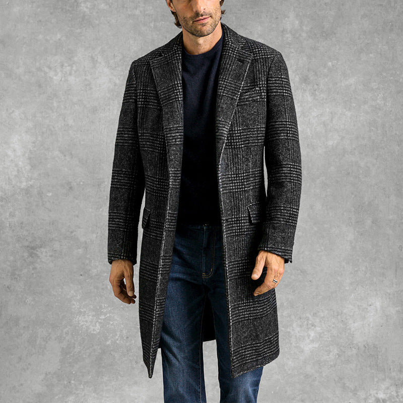 Men’s Overcoat – Tailored Fit – Wool Blend – Check Pattern – Notched Lapel – Mid-Length