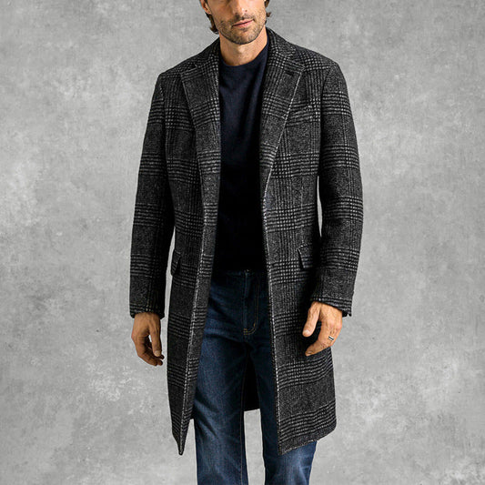Men’s Overcoat – Tailored Fit – Wool Blend – Check Pattern – Notched Lapel – Mid-Length
