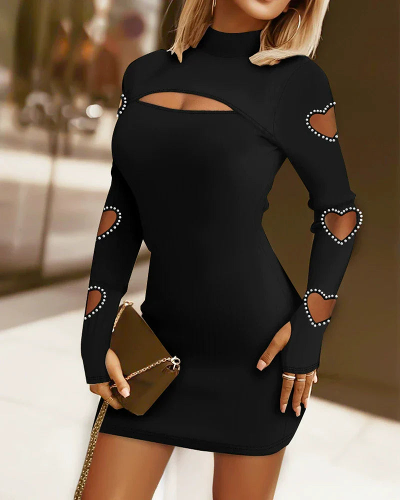 Women’s Sweater Dress – Slim Fit Ribbed Knit – High Neck – Lace Chest – Heart Cut-Out Sleeves