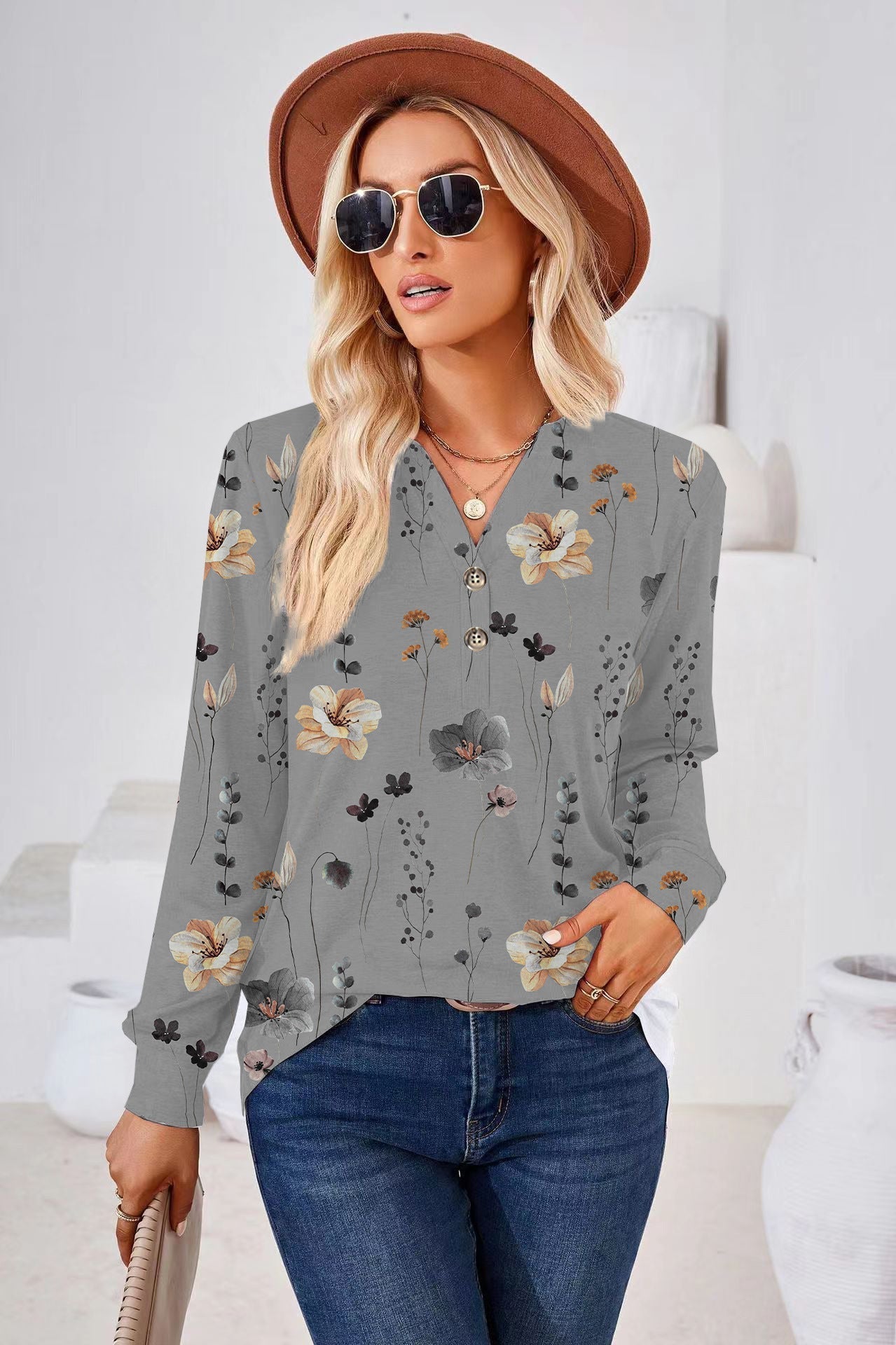 Elda® | Women'S Blouse With Floral Design And Button Placket