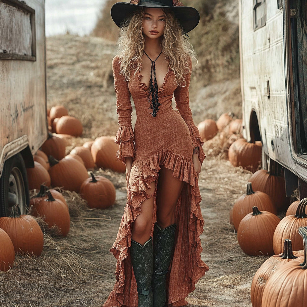 Women’s Maxi Dress – Slim Fit – Crinkled Fabric – Ruffled Long Sleeve – High-Low Hem