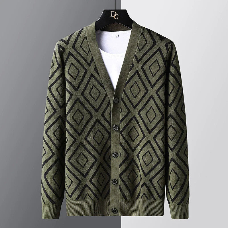 Men’s Cardigan Sweater – Slim Fit – Knitted Wool Blend – Jacquard – Button Front Layer