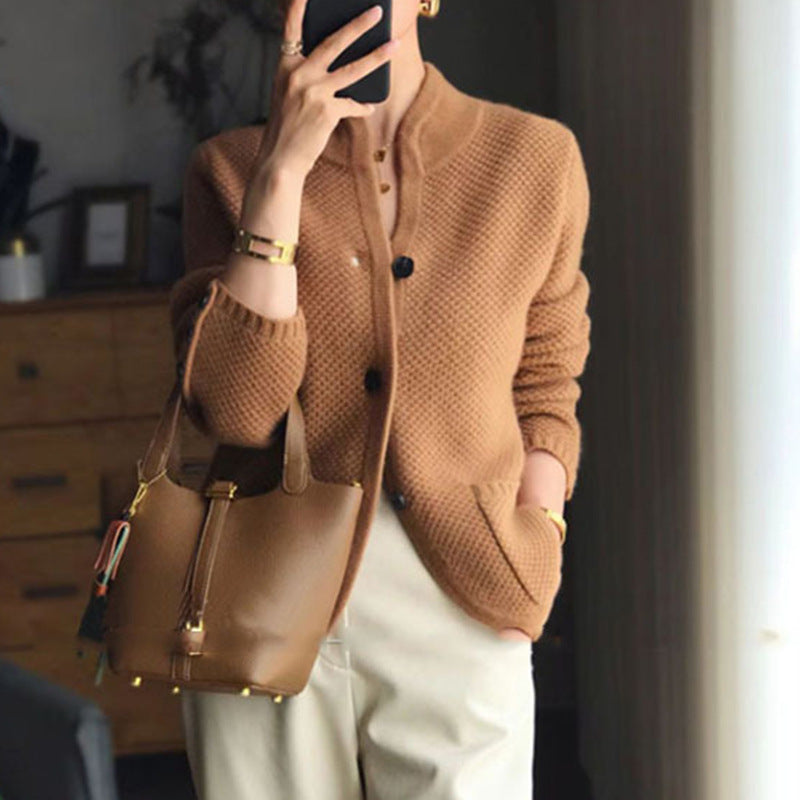 Women’s Cardigan – Relaxed Fit – Wool Knit – Waffle Texture – Button Front – Hip Length