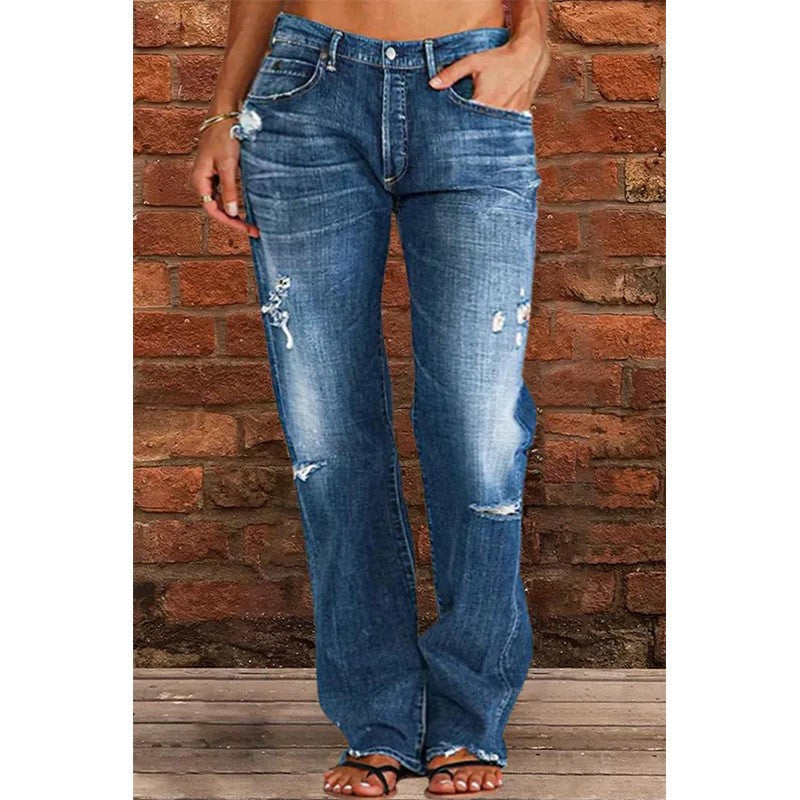 Women’s Jeans – High Waist – Relaxed Fit – Flared Leg – Distressed Raw Hem Denim