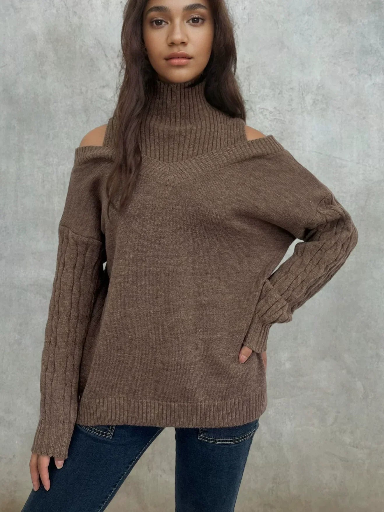 Women’s Knitted Sweater – Off-Shoulder – Lantern Sleeve – Cable Knit – Relaxed Fit