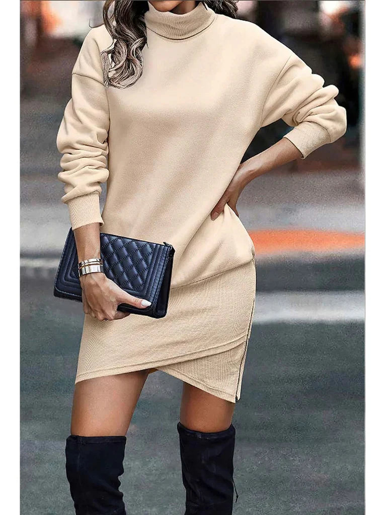 Women’s Sweater Dress – Cotton Blend Knit – High Collar – Relaxed Fit – Asymmetric Hem