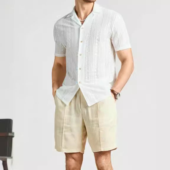 Reggie | Lightweight Knit Lace Openwork Button Down Shirt - Relaxed Fit
