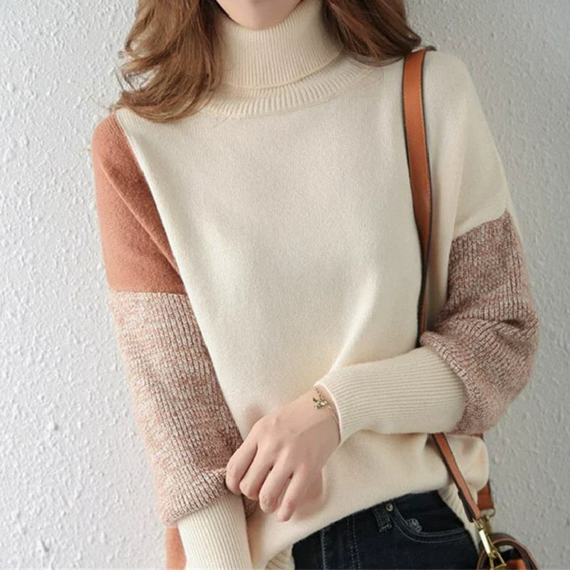 Women’s Sweater – High Collar – Loose Fit – Knitted Wool Blend – Ribbed Cuffs and Hem