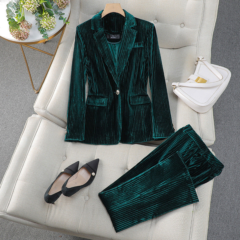 Women’s Blazer Suit Set – Tailored Fit – Textured Velvet – Classic Lapels – Smart Suit Style