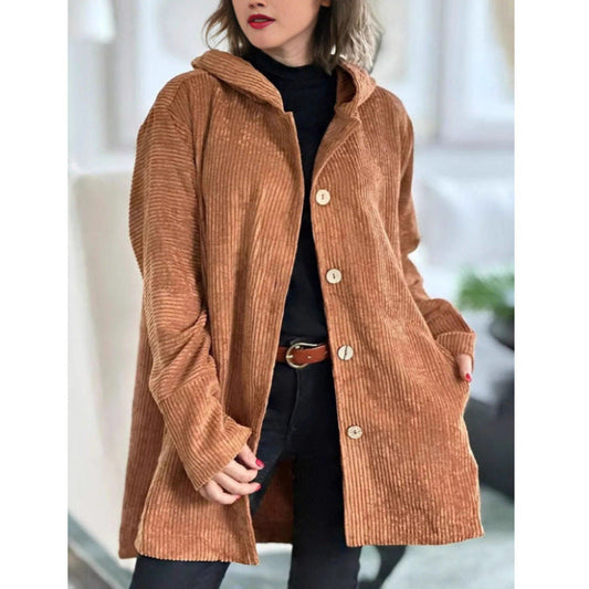 Women’s Hooded Jacket – Corduroy – Relaxed Fit – Mid-Length – Casual Style