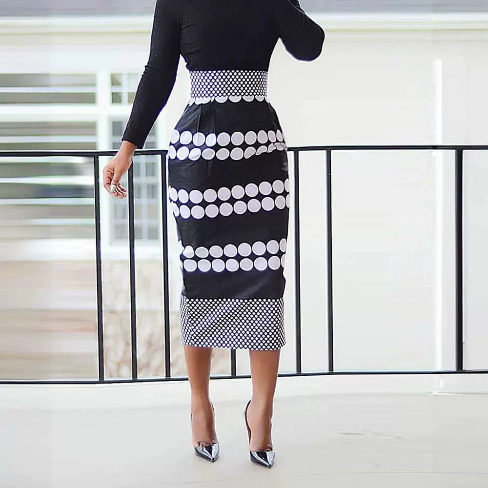 Women’s Midi Dress – Slim Fit – Polka Dot Stripe – Long Sleeve – Back Slit Elegant Style