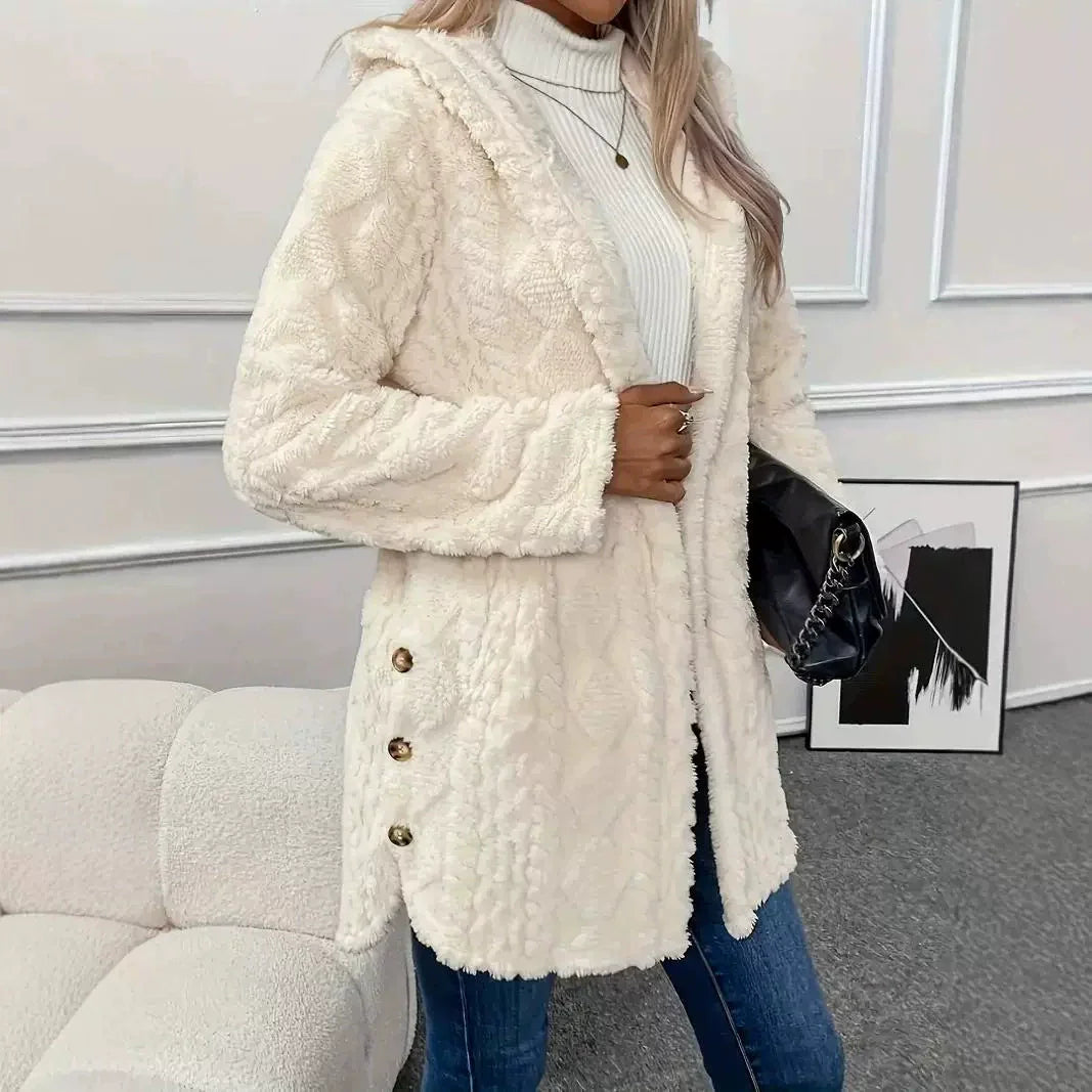 Women’s Plush Jacket – Relaxed Fit – Hooded – Long Sleeve – Button Side Slits