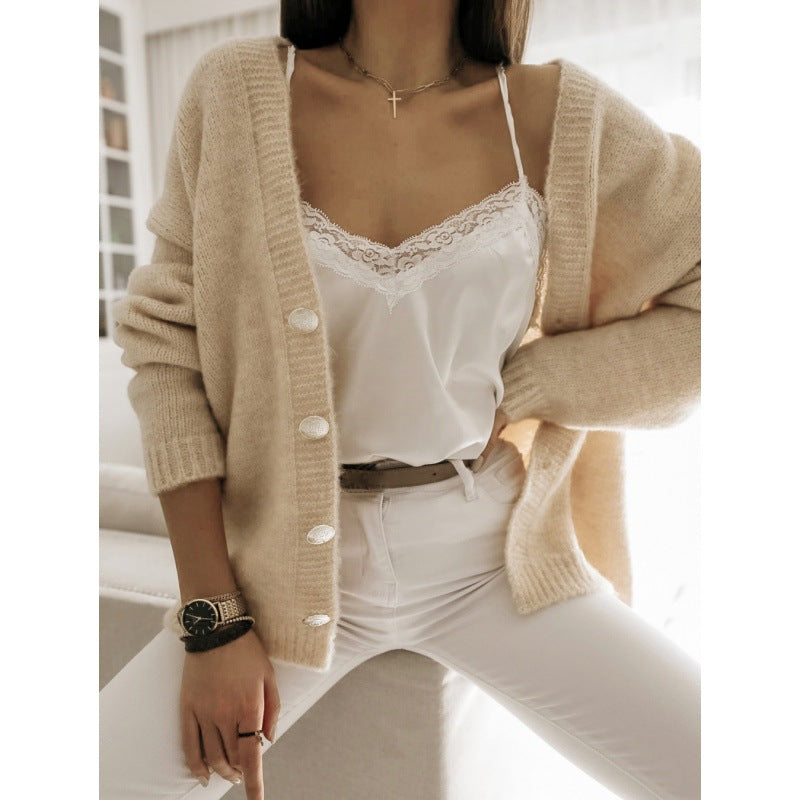 Women’s Sweatshirt Jacket – Wool Blend – Oversized Fit – V-Neck – Button Front