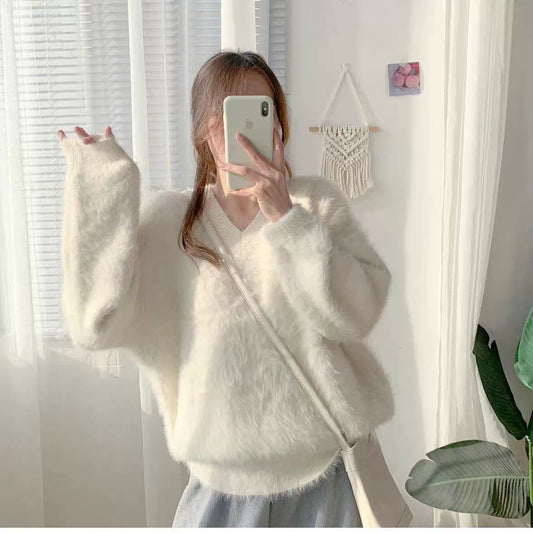 Women’s V-Neck Sweater – Fluffy Knit – Loose Fit – Ribbed Trim – Long Sleeve Casual Wear