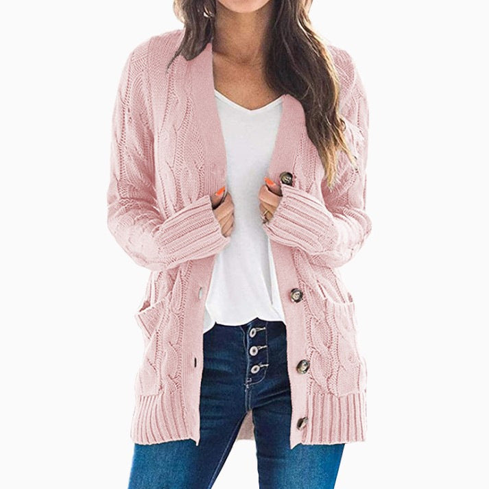 Women’s Cardigan – Wool Blend Knit – Relaxed Fit – Button Front – Mid-Length with Pockets