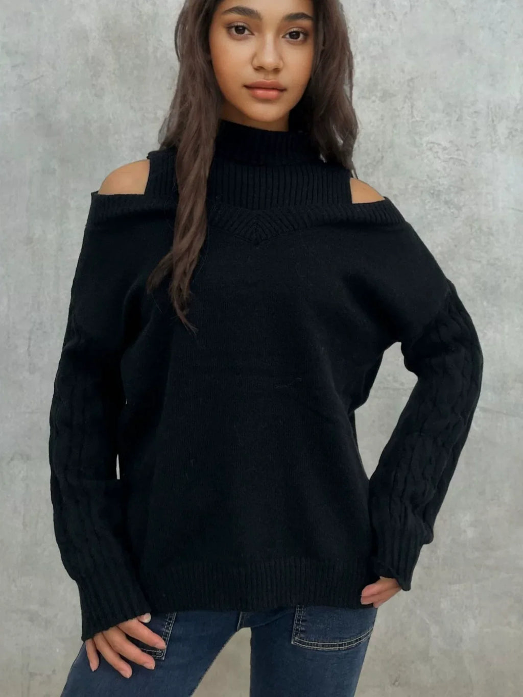 Women’s Knitted Sweater – Off-Shoulder – Lantern Sleeve – Cable Knit – Relaxed Fit
