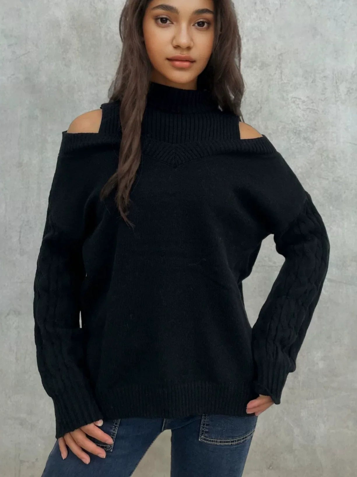 Women’s Knitted Sweater – Off-Shoulder – Lantern Sleeve – Cable Knit – Relaxed Fit