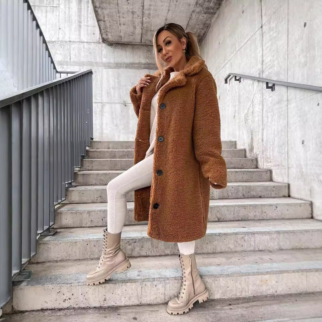 Women’s Long Coat – Wool Blend – Oversized Fit – Lapel Collar – Button Front – Pockets