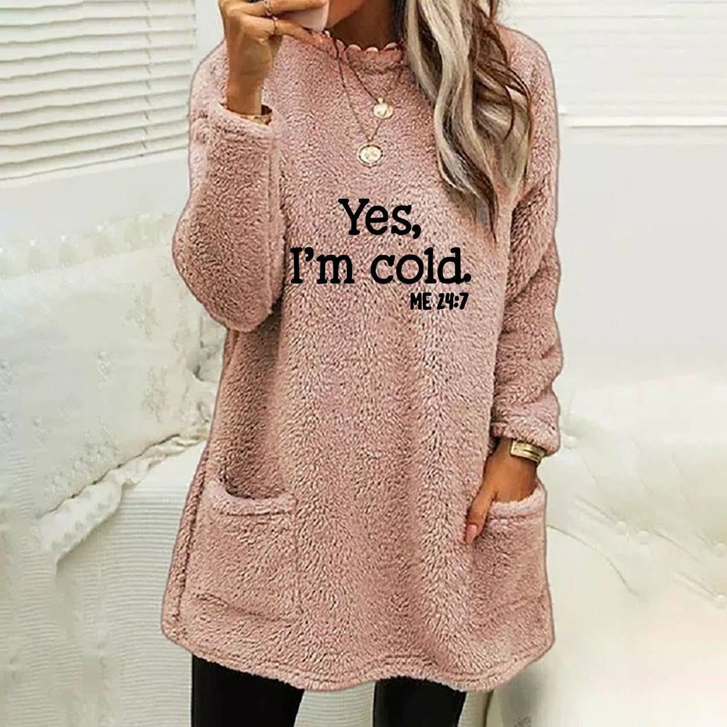 Women’s Oversized Sweatshirt – Double-Sided Fleece – Letter Print – Side Pockets – Long Sleeve