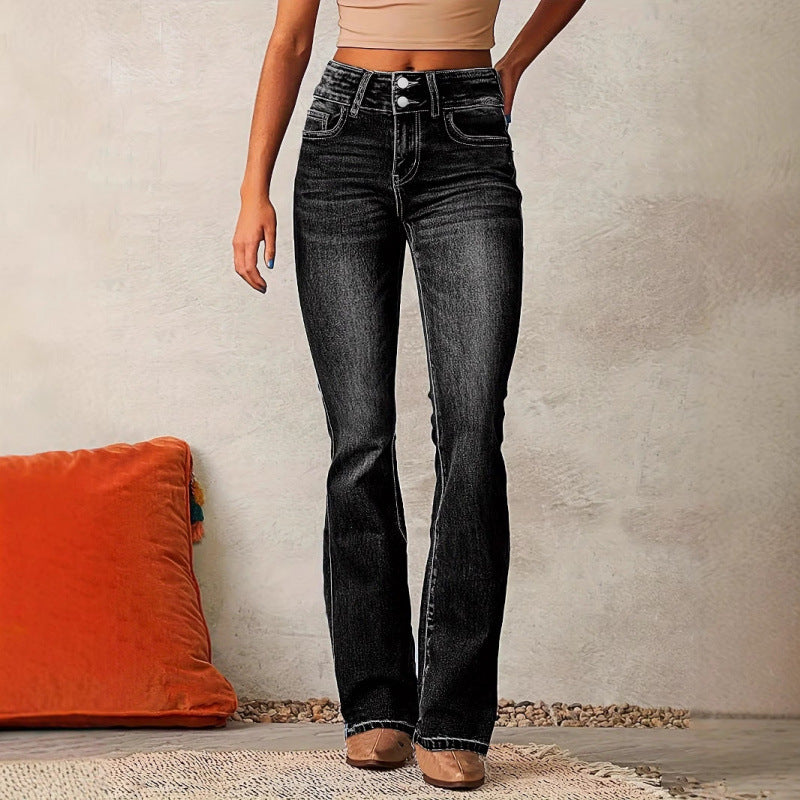 Women’s Flared Jeans – High Waist Stretch Denim – Vintage Seams – Full Length Fit