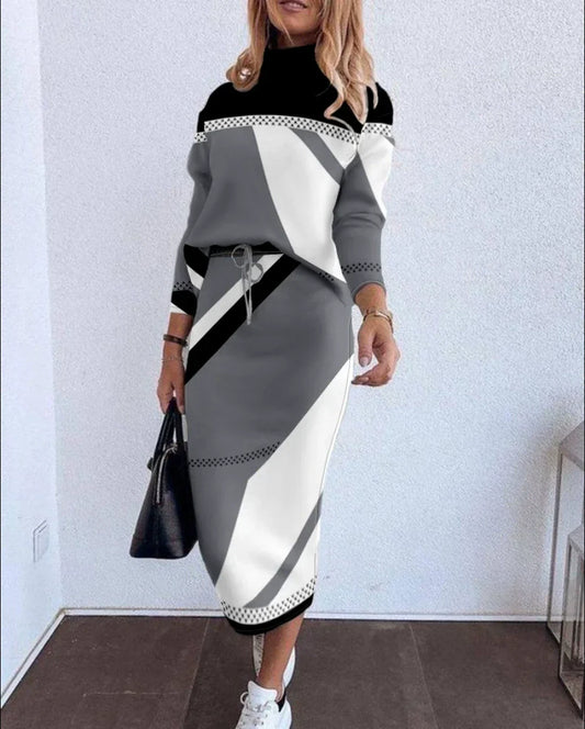 Women’s Two-Piece Suit – Relaxed Fit – Long Sleeve Top and Midi Skirt – Geometric Print